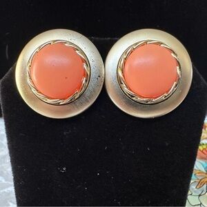 Coral and Gold Pierced Earrings Vintage Look